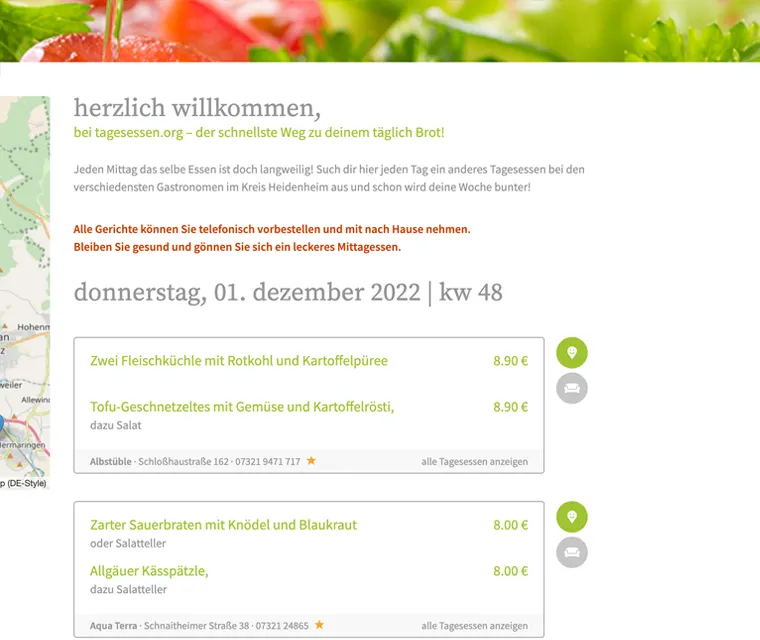 Ausschnitt der tagesessen Webseite